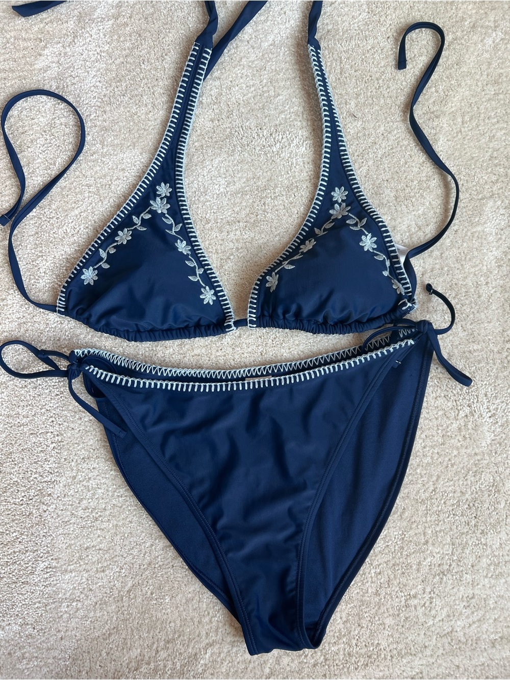 wild fable Navy Floral Embroidered Triangle Bikini Set